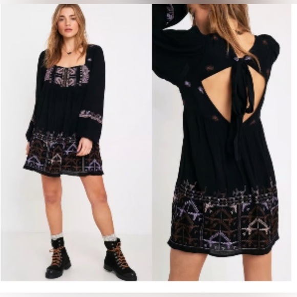 free people movement Dresses & Skirts - Free People RHIANNON EMBROIDERED PEASANT MINI DRESS BLACK